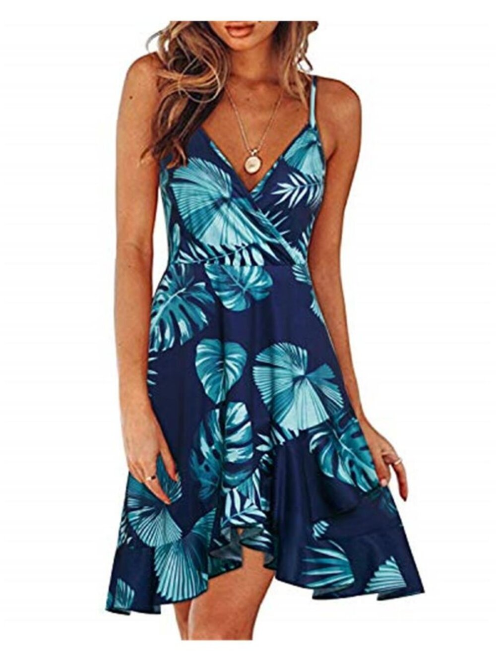 Womens Tropical Summer Dresses Floral V Neck Ruffled Hem Spaghetti Spring